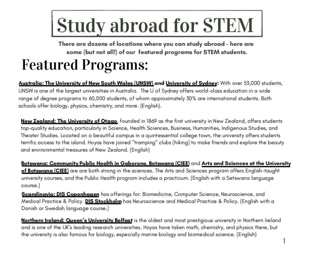 Study abroad for STEM: There are dozens of locations where you can study abroad - here are 
some (but not all!) of our  featured programs for STEM students.

Featured Programs:
Australia: The University of New South Wales (UNSW) and University of Sydney: With over 53,000 students, UNSW is one of the largest universities in Australia. The U of Sydney offers world-class education in a wide range of degree programs to 60,000 students, of whom approximately 30% are international students. Both schools offer biology, physics, chemistry, and more. (English).

New Zealand: The University of Otago, founded in 1869 as the first university in New Zealand, offers students top-quality education, particularly in Science, Health Sciences, Business, Humanities, Indigenous Studies, and
Theater Studies. Located on a beautiful campus in a quintessential college town, the university offers students terrific access to the island. Hoyas have joined "tramping" clubs (hiking) to make friends and explore the beauty and environmental treasures of New Zealand. (English)

Scandinavia: DIS Copenhagen has offerings for: Biomedicine, Computer Science, Neuroscience, and
Medical Practice & Policy. DIS Stockholm has Neuroscience and Medical Practice & Policy. (English with a Danish or Swedish language course.) Botswana: Community Public Health in Gaborone, Botswana (CIEE) and Arts and Sciences at the University of Botswana (CIEE) are are both strong in the sciences. The Arts and Sciences program offers English-taught university courses, and the Public Health program includes a practicum. (English with a Setswana language course.)

Northern Ireland: Queen’s University Belfast is the oldest and most prestigious university in Northern Ireland and is one of the UK’s leading research universities. Hoyas have taken math, chemistry, and physics there, but the university is also famous for biology, especially marine biology and biomedical science. (English)