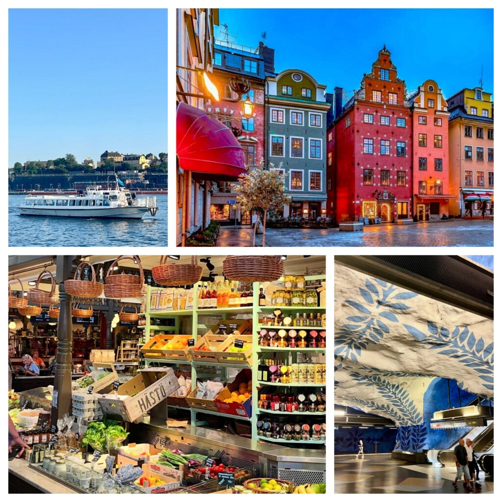Collage of a boat in water; row of colorful buildings; a food market stall; white and blue artwork in a Stockholm Metro System