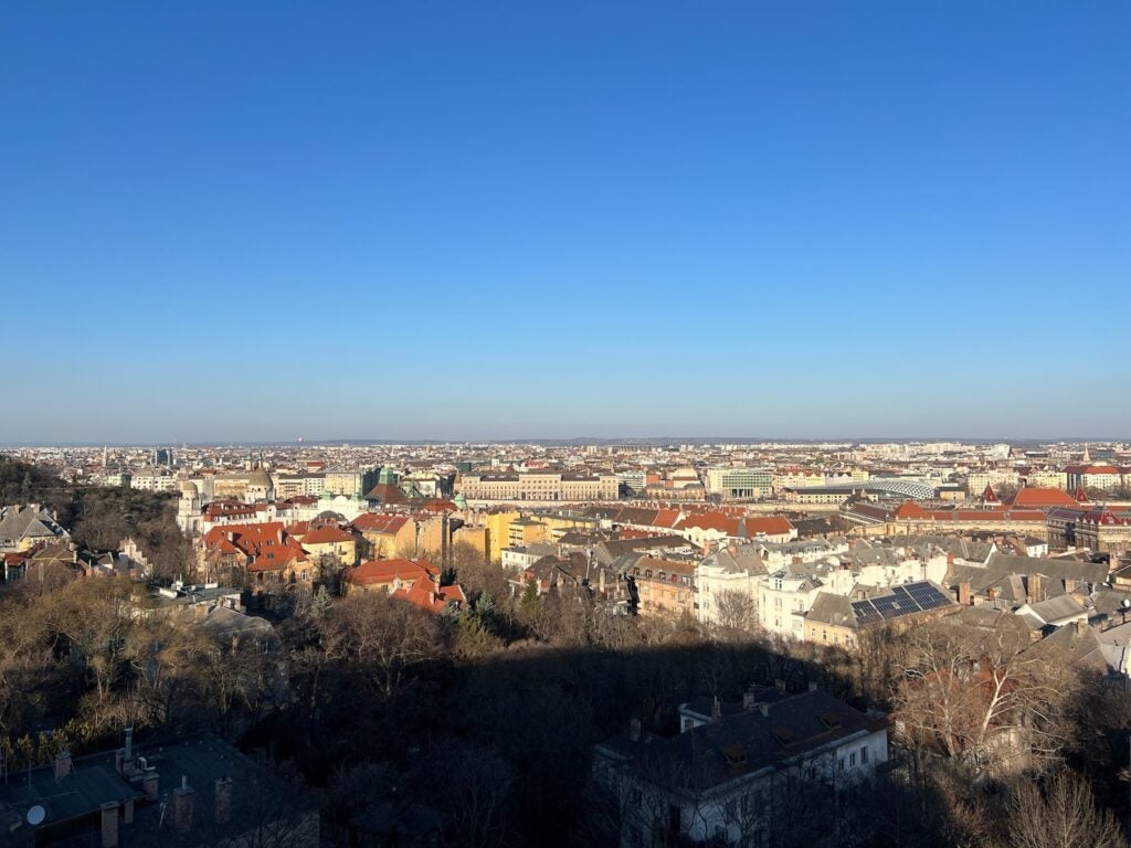 A photo overlooking Budapest neighborhood with red roofs