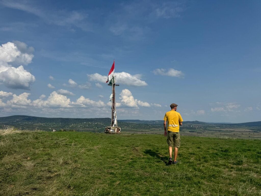 A man in a yellow shirt walking on a grass field with a Hungarian flag in the center